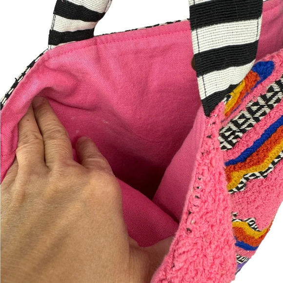 Large boho tote beach bag.  Canvas stripes and bright pattern - Picture 5 of 5